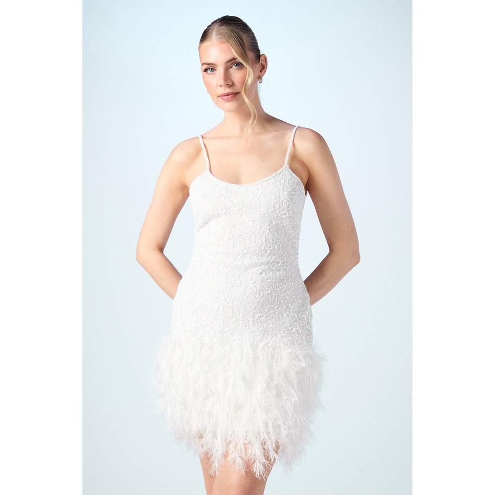 NWT Coast Bridal Sequin Feather Mini Dress Ivory Wedding Reception US 6 Glam